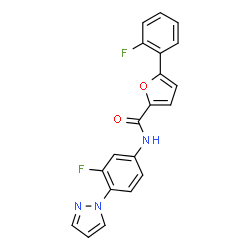 ChemSpider 2D Image | 5-(2-Fluorophenyl)-N-[3-fluoro-4-(1H-pyrazol-1-yl)phenyl]-2-furamide | C20H13F2N3O2