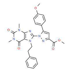 ChemSpider 2D Image | Methyl 1-[1,3-dimethyl-2,6-dioxo-7-(2-phenylethyl)-2,3,6,7-tetrahydro-1H-purin-8-yl]-5-(4-methoxyphenyl)-1H-pyrazole-3-carboxylate | C27H26N6O5