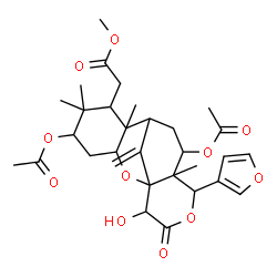 ChemSpider 2D Image | Methyl [5,11-diacetoxy-13-(3-furyl)-16-hydroxy-6,6,8,12-tetramethyl-17-methylene-15-oxo-2,14-dioxatetracyclo[7.7.1.0~1,12~.0~3,8~]heptadec-7-yl]acetate | C31H40O11