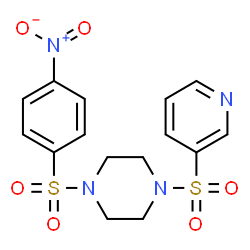 ChemSpider 2D Image | 1-[(4-Nitrophenyl)sulfonyl]-4-(3-pyridinylsulfonyl)piperazine | C15H16N4O6S2