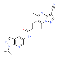 ChemSpider 2D Image | 3-(3-Cyano-5,7-dimethylpyrazolo[1,5-a]pyrimidin-6-yl)-N-(1-isopropyl-1H-pyrazolo[3,4-b]pyridin-5-yl)propanamide | C21H22N8O