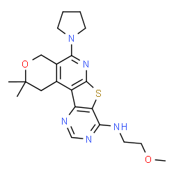 ChemSpider 2D Image | N-(2-Methoxyethyl)-2,2-dimethyl-5-(1-pyrrolidinyl)-1,4-dihydro-2H-pyrano[4'',3'':4',5']pyrido[3',2':4,5]thieno[3,2-d]pyrimidin-8-amine | C21H27N5O2S