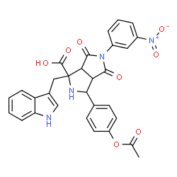 ChemSpider 2D Image | 3-(4-Acetoxyphenyl)-1-(1H-indol-3-ylmethyl)-5-(3-nitrophenyl)-4,6-dioxooctahydropyrrolo[3,4-c]pyrrole-1-carboxylic acid | C30H24N4O8