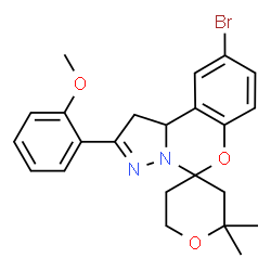 ChemSpider 2D Image | 9'-Bromo-2'-(2-methoxyphenyl)-2,2-dimethyl-1',2,3,5,6,10b'-hexahydrospiro[pyran-4,5'-pyrazolo[1,5-c][1,3]benzoxazine] | C23H25BrN2O3