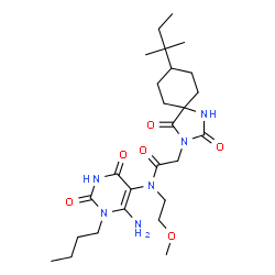 ChemSpider 2D Image | N-(6-Amino-1-butyl-2,4-dioxo-1,2,3,4-tetrahydro-5-pyrimidinyl)-N-(2-methoxyethyl)-2-[8-(2-methyl-2-butanyl)-2,4-dioxo-1,3-diazaspiro[4.5]dec-3-yl]acetamide | C26H42N6O6