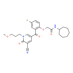 ChemSpider 2D Image | 2-(2-{[5-Cyano-1-(3-methoxypropyl)-6-oxo-1,6-dihydro-3-pyridinyl]carbonyl}-4-fluorophenoxy)-N-cycloheptylacetamide | C26H30FN3O5