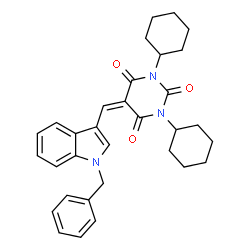 ChemSpider 2D Image | 5-[(1-Benzyl-1H-indol-3-yl)methylene]-1,3-dicyclohexyl-2,4,6(1H,3H,5H)-pyrimidinetrione | C32H35N3O3