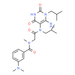ChemSpider 2D Image | N-{2-[(6-Amino-1-isobutyl-2,4-dioxo-1,2,3,4-tetrahydro-5-pyrimidinyl)(isobutyl)amino]-2-oxoethyl}-3-(dimethylamino)-N-methylbenzamide | C24H36N6O4
