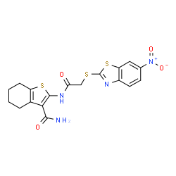 ChemSpider 2D Image | 2-({[(6-Nitro-1,3-benzothiazol-2-yl)sulfanyl]acetyl}amino)-4,5,6,7-tetrahydro-1-benzothiophene-3-carboxamide | C18H16N4O4S3