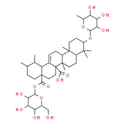 ChemSpider 2D Image | 1-O-{3-[(6-Deoxyhexopyranosyl)oxy]-27-hydroxy-27,28-dioxours-12-en-28-yl}hexopyranose | C42H66O14