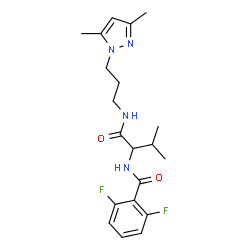 ChemSpider 2D Image | N-(1-{[3-(3,5-Dimethyl-1H-pyrazol-1-yl)propyl]amino}-3-methyl-1-oxo-2-butanyl)-2,6-difluorobenzamide | C20H26F2N4O2