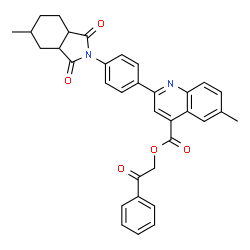 ChemSpider 2D Image | 2-Oxo-2-phenylethyl 6-methyl-2-[4-(5-methyl-1,3-dioxooctahydro-2H-isoindol-2-yl)phenyl]-4-quinolinecarboxylate | C34H30N2O5