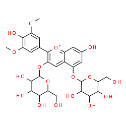ChemSpider 2D Image | 3-(Hexopyranosyloxy)-7-hydroxy-2-(4-hydroxy-3,5-dimethoxyphenyl)-5-chromeniumyl hexopyranoside | C29H35O17