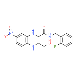 ChemSpider 2D Image | N-(2-Fluorobenzyl)-N~2~-{2-[(2-hydroxyethyl)amino]-5-nitrophenyl}glycinamide | C17H19FN4O4