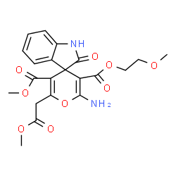 ChemSpider 2D Image | 3'-(2-Methoxyethyl) 5'-methyl 2'-amino-6'-(2-methoxy-2-oxoethyl)-2-oxo-1,2-dihydrospiro[indole-3,4'-pyran]-3',5'-dicarboxylate | C21H22N2O9