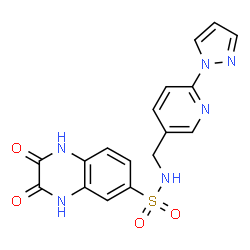 ChemSpider 2D Image | 2,3-Dioxo-N-{[6-(1H-pyrazol-1-yl)-3-pyridinyl]methyl}-1,2,3,4-tetrahydro-6-quinoxalinesulfonamide | C17H14N6O4S
