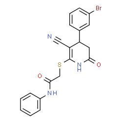 ChemSpider 2D Image | 2-{[4-(3-Bromophenyl)-3-cyano-6-oxo-1,4,5,6-tetrahydro-2-pyridinyl]sulfanyl}-N-phenylacetamide | C20H16BrN3O2S