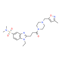 ChemSpider 2D Image | 1-Ethyl-N,N-dimethyl-2-(3-{4-[(3-methyl-1,2-oxazol-5-yl)methyl]-1-piperazinyl}-3-oxopropyl)-1H-benzimidazole-5-sulfonamide | C23H32N6O4S