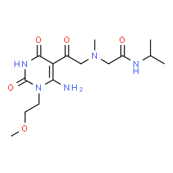 ChemSpider 2D Image | 2-[{2-[6-Amino-1-(2-methoxyethyl)-2,4-dioxo-1,2,3,4-tetrahydro-5-pyrimidinyl]-2-oxoethyl}(methyl)amino]-N-isopropylacetamide | C15H25N5O5
