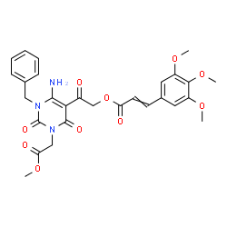 ChemSpider 2D Image | 2-[6-Amino-1-benzyl-3-(2-methoxy-2-oxoethyl)-2,4-dioxo-1,2,3,4-tetrahydro-5-pyrimidinyl]-2-oxoethyl 3-(3,4,5-trimethoxyphenyl)acrylate | C28H29N3O10