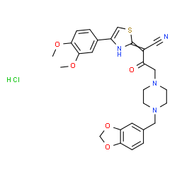 ChemSpider 2D Image | 4-[4-(1,3-Benzodioxol-5-ylmethyl)-1-piperazinyl]-2-[4-(3,4-dimethoxyphenyl)-1,3-thiazol-2(3H)-ylidene]-3-oxobutanenitrile hydrochloride (1:1) | C27H29ClN4O5S