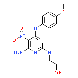 ChemSpider 2D Image | 2-({4-Amino-6-[(4-methoxyphenyl)amino]-5-nitro-2-pyrimidinyl}amino)ethanol | C13H16N6O4