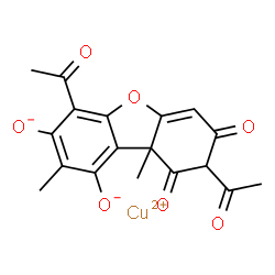 ChemSpider 2D Image | Copper(2+) 4,8-diacetyl-2,9a-dimethyl-7,9-dioxo-7,8,9,9a-tetrahydrodibenzo[b,d]furan-1,3-diolate | C18H14CuO7