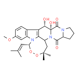 ChemSpider 2D Image | (5R,10S,10aR)-10,10a-Dihydroxy-7-methoxy-2,2-dimethyl-5-(2-methyl-1-propen-1-yl)-1,10,10a,14,14a,15b-hexahydro-12H-3,4-dioxa-5a,11a,15a-triazacycloocta[1,2,3-lm]indeno[5,6-b]fluorene-11,15(2H,13H)-dio
ne | C27H33N3O7