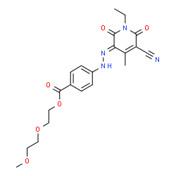 ChemSpider 2D Image | 2-(2-Methoxyethoxy)ethyl 4-[(2E)-2-(5-cyano-1-ethyl-4-methyl-2,6-dioxo-1,6-dihydro-3(2H)-pyridinylidene)hydrazino]benzoate | C21H24N4O6