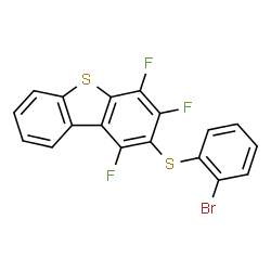 ChemSpider 2D Image | 2-[(2-Bromophenyl)sulfanyl]-1,3,4-trifluorodibenzo[b,d]thiophene | C18H8BrF3S2