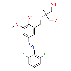 ChemSpider 2D Image | 4-[(E)-(2,6-Dichlorophenyl)diazenyl]-2-[(E)-{[1,3-dihydroxy-2-(hydroxymethyl)-2-propanyl]iminio}methyl]-6-methoxyphenolate | C18H19Cl2N3O5