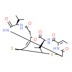 ChemSpider 2D Image | (1S,4S,7Z,10S,16Z,21R)-7-Ethylidene-4,21-diisopropyl-2-oxa-12,13-dithia-5,8,20,23-tetraazabicyclo[8.7.6]tricos-16-ene-3,6,9,19,22-pentone | C24H36N4O6S2