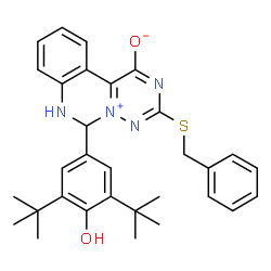 ChemSpider 2D Image | 3-(Benzylsulfanyl)-6-[4-hydroxy-3,5-bis(2-methyl-2-propanyl)phenyl]-6,7-dihydro[1,2,4]triazino[1,6-c]quinazolin-5-ium-1-olate | C31H34N4O2S