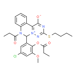 ChemSpider 2D Image | 3-(Butylsulfanyl)-6-[5-chloro-3-methoxy-2-(propionyloxy)phenyl]-7-propionyl-6,7-dihydro[1,2,4]triazino[1,6-c]quinazolin-5-ium-1-olate | C27H29ClN4O5S