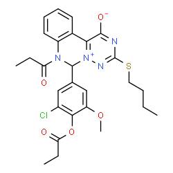 ChemSpider 2D Image | 3-(Butylsulfanyl)-6-[3-chloro-5-methoxy-4-(propionyloxy)phenyl]-7-propionyl-6,7-dihydro[1,2,4]triazino[1,6-c]quinazolin-5-ium-1-olate | C27H29ClN4O5S