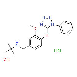 ChemSpider 2D Image | 2-({3-Methoxy-4-[(1-phenyl-1H-tetrazol-5-yl)oxy]benzyl}amino)-2-methyl-1-propanol hydrochloride (1:1) | C19H24ClN5O3