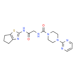 ChemSpider 2D Image | N-[2-(5,6-Dihydro-4H-cyclopenta[d][1,3]thiazol-2-ylamino)-2-oxoethyl]-4-(2-pyrimidinyl)-1-piperazinecarboxamide | C17H21N7O2S