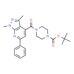 ChemSpider 2D Image | 2-Methyl-2-propanyl 4-[(1,3-dimethyl-6-phenyl-1H-pyrazolo[3,4-b]pyridin-4-yl)carbonyl]-1-piperazinecarboxylate | C24H29N5O3