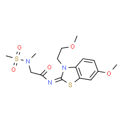 ChemSpider 2D Image | (E)-N-[6-Methoxy-3-(2-methoxyethyl)-1,3-benzothiazol-2(3H)-ylidene]-N~2~-methyl-N~2~-(methylsulfonyl)glycinamide | C15H21N3O5S2
