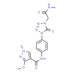 ChemSpider 2D Image | 3-Methoxy-1-methyl-N-(4-{4-[2-(methylamino)-2-oxoethyl]-5-oxo-4,5-dihydro-1H-tetrazol-1-yl}phenyl)-1H-pyrazole-4-carboxamide | C16H18N8O4