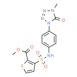 ChemSpider 2D Image | Methyl 3-{[4-(4-methyl-5-oxo-4,5-dihydro-1H-tetrazol-1-yl)phenyl]sulfamoyl}-2-thiophenecarboxylate | C14H13N5O5S2