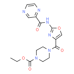 ChemSpider 2D Image | Ethyl 4-({2-[(2-pyrazinylcarbonyl)amino]-1,3-oxazol-4-yl}carbonyl)-1-piperazinecarboxylate | C16H18N6O5
