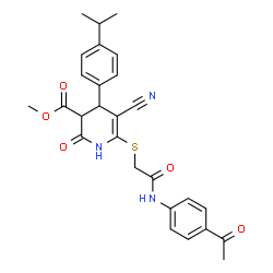 ChemSpider 2D Image | Methyl 6-({2-[(4-acetylphenyl)amino]-2-oxoethyl}sulfanyl)-5-cyano-4-(4-isopropylphenyl)-2-oxo-1,2,3,4-tetrahydro-3-pyridinecarboxylate | C27H27N3O5S