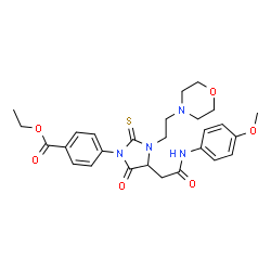 ChemSpider 2D Image | Ethyl 4-(4-{2-[(4-methoxyphenyl)amino]-2-oxoethyl}-3-[2-(4-morpholinyl)ethyl]-5-oxo-2-thioxo-1-imidazolidinyl)benzoate | C27H32N4O6S