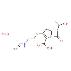 ChemSpider 2D Image | (5R,6R)-6-(1-Hydroxyethyl)-3-({2-[(iminomethyl)amino]ethyl}sulfanyl)-7-oxo-1-azabicyclo[3.2.0]hept-2-ene-2-carboxylic acid hydrate (1:1) | C12H19N3O5S