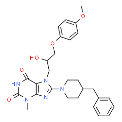 ChemSpider 2D Image | 8-(4-Benzyl-1-piperidinyl)-7-[2-hydroxy-3-(4-methoxyphenoxy)propyl]-3-methyl-3,7-dihydro-1H-purine-2,6-dione | C28H33N5O5
