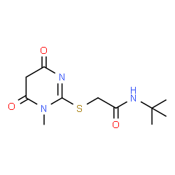 ChemSpider 2D Image | 2-[(1-Methyl-4,6-dioxo-1,4,5,6-tetrahydro-2-pyrimidinyl)sulfanyl]-N-(2-methyl-2-propanyl)acetamide | C11H17N3O3S