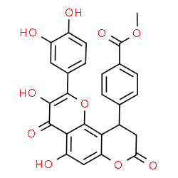 ChemSpider 2D Image | Methyl 4-[2-(3,4-dihydroxyphenyl)-3,5-dihydroxy-4,8-dioxo-9,10-dihydro-4H,8H-pyrano[2,3-f]chromen-10-yl]benzoate | C26H18O10