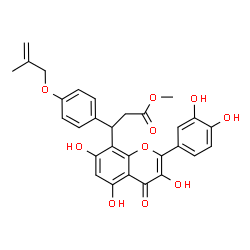 ChemSpider 2D Image | Methyl 3-[2-(3,4-dihydroxyphenyl)-3,5,7-trihydroxy-4-oxo-4H-chromen-8-yl]-3-{4-[(2-methyl-2-propen-1-yl)oxy]phenyl}propanoate | C29H26O10