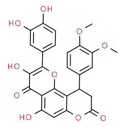 ChemSpider 2D Image | 2-(3,4-Dihydroxyphenyl)-10-(3,4-dimethoxyphenyl)-3,5-dihydroxy-9,10-dihydro-4H,8H-pyrano[2,3-f]chromene-4,8-dione | C26H20O10